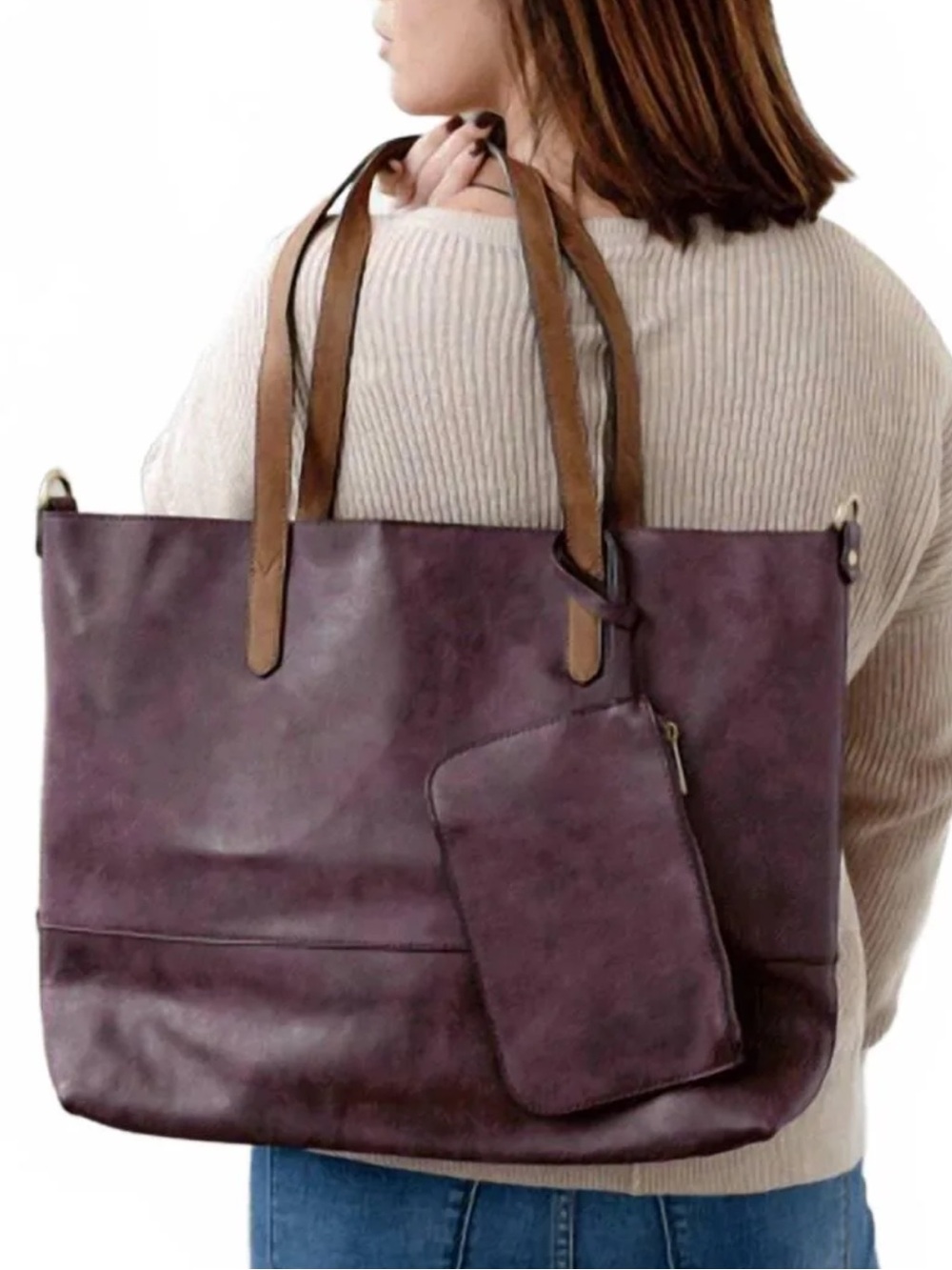 NWT Joy Susan 2-in-1 brushed Sueded vegan leather tote aubergine wristlet pouch